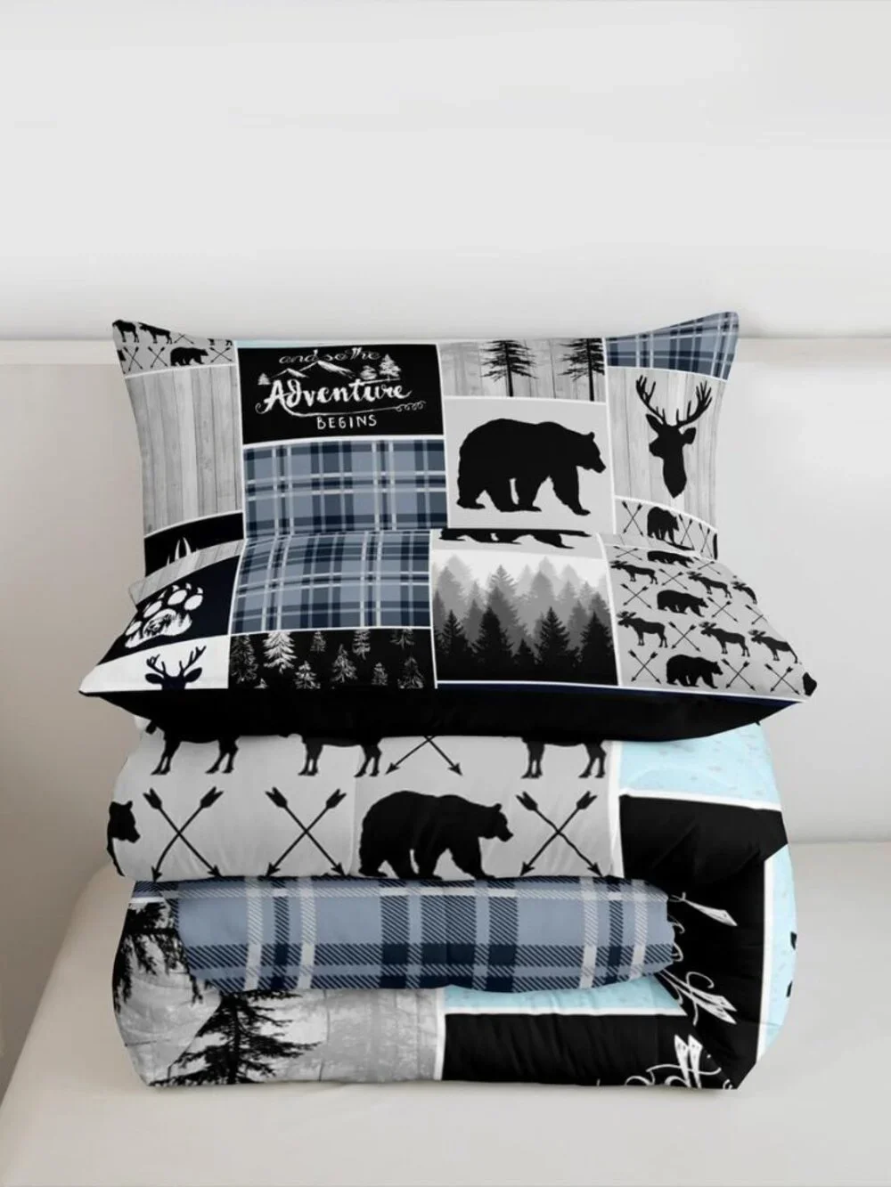 Farmhouse Cabin Comforter Set, Rustic Bear Deer Bedding Set Twin Size Woodland C
